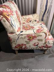 MaxSold Auction: Transitional Floral Accent Armchair with Wood Legs - Yonkers (New York, USA) SELLER MANAGED Downsizing Online Auction - Riverdale Avenue (STORAGE)
