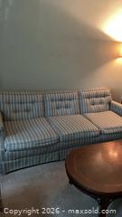 MaxSold Auction: 3-Seat Striped Blue & Beige Tufted Fabric Sofa with Skirted Base - Toronto (Ontario, Canada) PARTNER MANAGED Estate Sale Online Auction -  Saint Andrews Gardens