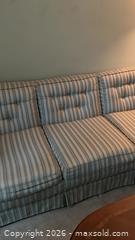 MaxSold Auction: 3-Seat Striped Blue & Beige Tufted Fabric Sofa with Skirted Base - Toronto (Ontario, Canada) PARTNER MANAGED Estate Sale Online Auction -  Saint Andrews Gardens