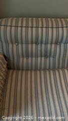 MaxSold Auction: 3-Seat Striped Blue & Beige Tufted Fabric Sofa with Skirted Base - Toronto (Ontario, Canada) PARTNER MANAGED Estate Sale Online Auction -  Saint Andrews Gardens
