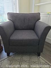 MaxSold Auction: Dark Gray Contemporary Fabric Armchair with Dark Wood Legs - View Royal (British Columbia, Canada) PARTNER MANAGED Moving Online Auction - Eltham Road