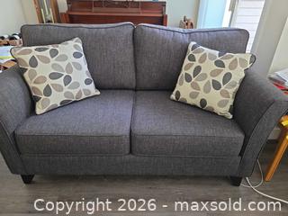 MaxSold Auction: Gray Charcoal Fabric Loveseat - Modern 2-Seater - View Royal (British Columbia, Canada) PARTNER MANAGED Moving Online Auction - Eltham Road