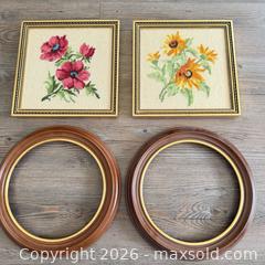 MaxSold Auction: Mixed Lot: Framed Floral Cross-Stitch and Round Wood Frames - View Royal (British Columbia, Canada) PARTNER MANAGED Moving Online Auction - Eltham Road