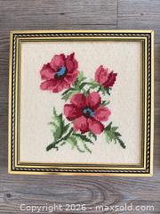MaxSold Auction: Mixed Lot: Framed Floral Cross-Stitch and Round Wood Frames - View Royal (British Columbia, Canada) PARTNER MANAGED Moving Online Auction - Eltham Road