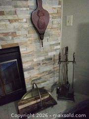 MaxSold Auction: Antique-brass Fireplace Tool Set with Log Holder & Pineapple Bellows - Leamington (Ontario, Canada) SELLER MANAGED Moving Online Auction - Alderton Street