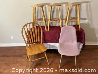 MaxSold Auction: Set of 3 Round Wood Stools and 2 Upholstered Side Chairs - Saanich (British Columbia, Canada) PARTNER MANAGED Estate Sale Online Auction - Heatherdale Lane