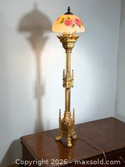 MaxSold Auction: Antique Gothic Brass Ecclesiastical Church Candlestick Converted Table Lamp with Hand Painted Glass Shade - Fort Erie (Ontario, Canada) SELLER MANAGED Estate Sale Online Auction - Caribou Trail Ridgway
