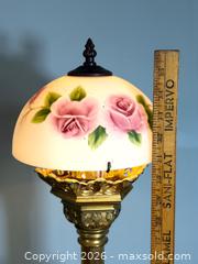 MaxSold Auction: Antique Gothic Brass Ecclesiastical Church Candlestick Converted Table Lamp with Hand Painted Glass Shade - Fort Erie (Ontario, Canada) SELLER MANAGED Estate Sale Online Auction - Caribou Trail Ridgway
