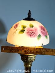 MaxSold Auction: Antique Gothic Brass Ecclesiastical Church Candlestick Converted Table Lamp with Hand Painted Glass Shade - Fort Erie (Ontario, Canada) SELLER MANAGED Estate Sale Online Auction - Caribou Trail Ridgway