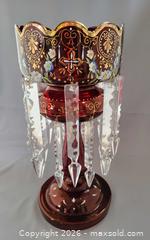 MaxSold Auction: Victorian Crystal Hand-Painted Ruby Cranberry Glass Lustre - Saanich (British Columbia, Canada) SELLER MANAGED Downsizing Online Auction - Carey Rd.