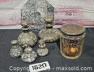 MaxSold Auction: Antique Glass Vanity & Perfume Bottles with Silver Overlay, 6–8 pcs, Glass Jar with Pennie - Hatboro (Pennsylvania, USA) PARTNER MANAGED Estate Sale Online Auction - Jacksonville Road