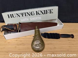 MaxSold Auction: Hunting Knife with Serrated Sawback, Brass Powder Flask, Sheath - Hatboro (Pennsylvania, USA) PARTNER MANAGED Estate Sale Online Auction - Jacksonville Road