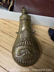 MaxSold Auction: Hunting Knife with Serrated Sawback, Brass Powder Flask, Sheath - Hatboro (Pennsylvania, USA) PARTNER MANAGED Estate Sale Online Auction - Jacksonville Road