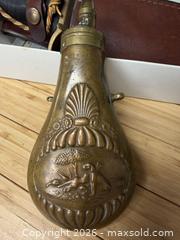 MaxSold Auction: Hunting Knife with Serrated Sawback, Brass Powder Flask, Sheath - Hatboro (Pennsylvania, USA) PARTNER MANAGED Estate Sale Online Auction - Jacksonville Road