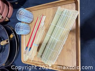 MaxSold Auction: Mixed Sushi & Tapas Serving Set with Bamboo Tray and Glasses - Hatboro (Pennsylvania, USA) PARTNER MANAGED Estate Sale Online Auction - Jacksonville Road