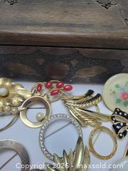 MaxSold Auction: Antique Carved Wooden Trinket Box and Vintage Costume Brooch Lot - Irondequoit (New York, USA) SELLER MANAGED Downsizing Online Auction - Minocqua Drive