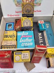 MaxSold Auction: Vintage Advertising Boxes, Hardware Tacks, Brads, and Collectibles Lot - Irondequoit (New York, USA) SELLER MANAGED Downsizing Online Auction - Minocqua Drive