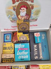 MaxSold Auction: Vintage Advertising Boxes, Hardware Tacks, Brads, and Collectibles Lot - Irondequoit (New York, USA) SELLER MANAGED Downsizing Online Auction - Minocqua Drive