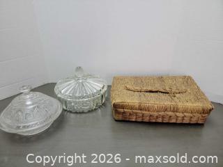 MaxSold Auction: Vintage "Happiness Candies" Hand-Woven Straw Gift Basket and Pressed Glass Candy Dishes-2 - Irondequoit (New York, USA) SELLER MANAGED Downsizing Online Auction - Minocqua Drive