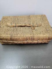 MaxSold Auction: Vintage "Happiness Candies" Hand-Woven Straw Gift Basket and Pressed Glass Candy Dishes-2 - Irondequoit (New York, USA) SELLER MANAGED Downsizing Online Auction - Minocqua Drive
