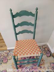 MaxSold Auction: Vintage Teal Painted Ladderback Chair with Woven Checkered Shaker Tape Seat - Irondequoit (New York, USA) SELLER MANAGED Downsizing Online Auction - Minocqua Drive