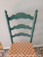 MaxSold Auction: Vintage Teal Painted Ladderback Chair with Woven Checkered Shaker Tape Seat - Irondequoit (New York, USA) SELLER MANAGED Downsizing Online Auction - Minocqua Drive