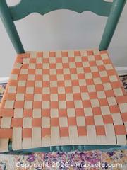 MaxSold Auction: Vintage Teal Painted Ladderback Chair with Woven Checkered Shaker Tape Seat - Irondequoit (New York, USA) SELLER MANAGED Downsizing Online Auction - Minocqua Drive