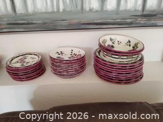 MaxSold Auction: Ceramic Dinnerware & Tea Set with Berries and Plaid Trim - never used/like new - Bailey (Colorado, USA) SELLER MANAGED Estate Sale Online Auction - Badger Lane