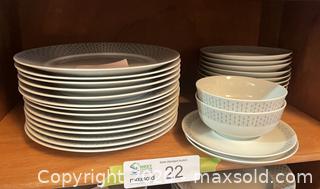 MaxSold Auction: Porcelain Dinnerware Set — White with Grey Geometric Border - New Westminster (British Columbia, Canada) PARTNER MANAGED Downsizing Online Auction - Laguna Court (CONDO)