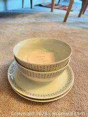 MaxSold Auction: Porcelain Dinnerware Set — White with Grey Geometric Border - New Westminster (British Columbia, Canada) PARTNER MANAGED Downsizing Online Auction - Laguna Court (CONDO)
