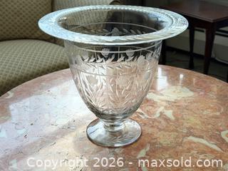 MaxSold Auction: Large Vintage Hand-Engraved Crystal (or Fine Engraved Glass) Footed Urn Vase – Floral & Leaf Pattern - Hamilton (Ontario, Canada) SELLER MANAGED Estate Sale Online Auction - Gertrude Street