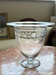 MaxSold Auction: Large Vintage Hand-Engraved Crystal (or Fine Engraved Glass) Footed Urn Vase – Floral & Leaf Pattern - Hamilton (Ontario, Canada) SELLER MANAGED Estate Sale Online Auction - Gertrude Street