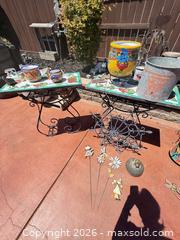 MaxSold Auction: Mosaic Tile Top Wrought Iron Plant Tables with Pots & Buckets - Hollister (California, USA) SELLER MANAGED Estate Sale Online Auction - Lily Court