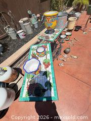 MaxSold Auction: Mosaic Tile Top Wrought Iron Plant Tables with Pots & Buckets - Hollister (California, USA) SELLER MANAGED Estate Sale Online Auction - Lily Court