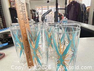 MaxSold Auction: Set of 6 Federal Glass Inka Turquoise & Gold Starburst Tumblers - Hollister (California, USA) SELLER MANAGED Estate Sale Online Auction - Lily Court