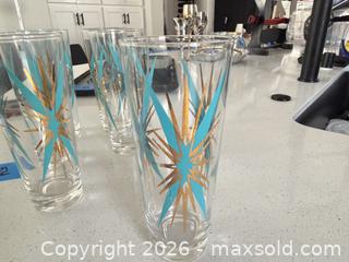 MaxSold Auction: Set of 6 Federal Glass Inka Turquoise & Gold Starburst Tumblers - Hollister (California, USA) SELLER MANAGED Estate Sale Online Auction - Lily Court