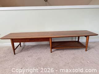 MaxSold Auction: Mid-Century Modern Wood & Rattan Coffee Table, 70–72 in - Raleigh (North Carolina, USA) PARTNER MANAGED Downsizing Online Auction - Cathedral Bell Road