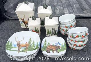 MaxSold Auction: Rustic Cabin Lodge Dinnerware Set 24pc – Bear Elk Owl Cardinal Canisters NEW - Citrus Heights (California, USA) SELLER MANAGED Moving Online Auction - Brook Dale Drive
