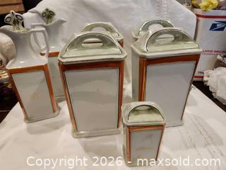 MaxSold Auction: Mid-Century Ceramic Canister Set, 7-Piece White with Green Lids made in Germany - Windsor (Ontario, Canada) SELLER MANAGED Reseller Online Auction - Boulder Crescent