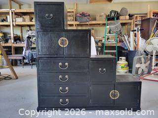MaxSold Auction: Black Wood Step Chest Tansu with Brass-Tone Hardware - Kitchener (Ontario, Canada) SELLER MANAGED Downsizing Online Auction - Schweitzer
