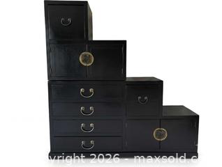 MaxSold Auction: Black Wood Step Chest Tansu with Brass-Tone Hardware - Kitchener (Ontario, Canada) SELLER MANAGED Downsizing Online Auction - Schweitzer
