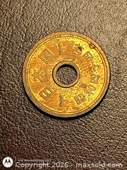 MaxSold Auction: Japan 5 Yen Coin Showa 14 (1939) Brass/Bronze - South Frontenac (Ontario, Canada) SELLER MANAGED Downsizing Online Auction - Battersea Road