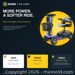 MaxSold Auction: SHOK Go Luxe - Compact 4-Wheel Mobility Scooter, 24V, 350W, 12Ah, 9-Inch Pneumatic Tires, Blue, SKM2548BU, **NEW, IN-BOX** - Cambridge (Ontario, Canada) PARTNER MANAGED Commercial Liquidation Online Auction - Pinebush Road