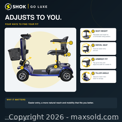 MaxSold Auction: SHOK Go Luxe - Compact 4-Wheel Mobility Scooter, 24V, 350W, 12Ah, 9-Inch Pneumatic Tires, Blue, SKM2548BU, **NEW, IN-BOX** - Cambridge (Ontario, Canada) PARTNER MANAGED Commercial Liquidation Online Auction - Pinebush Road