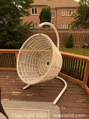MaxSold Auction: White Wicker Hanging Egg Chair with Stand - Richmond Hill (Ontario, Canada) SELLER MANAGED Moving Online Auction - Fern Avenue