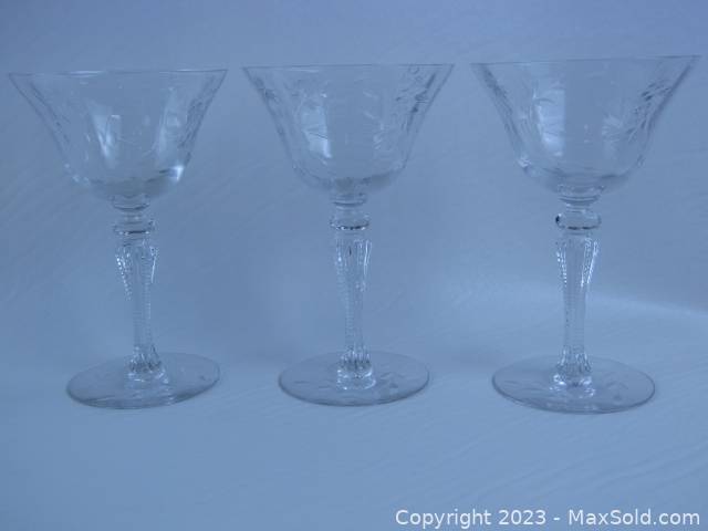 5 Vintage Etched CRYSTAL Wine Glasses, Tiffin Franciscan, 1950's