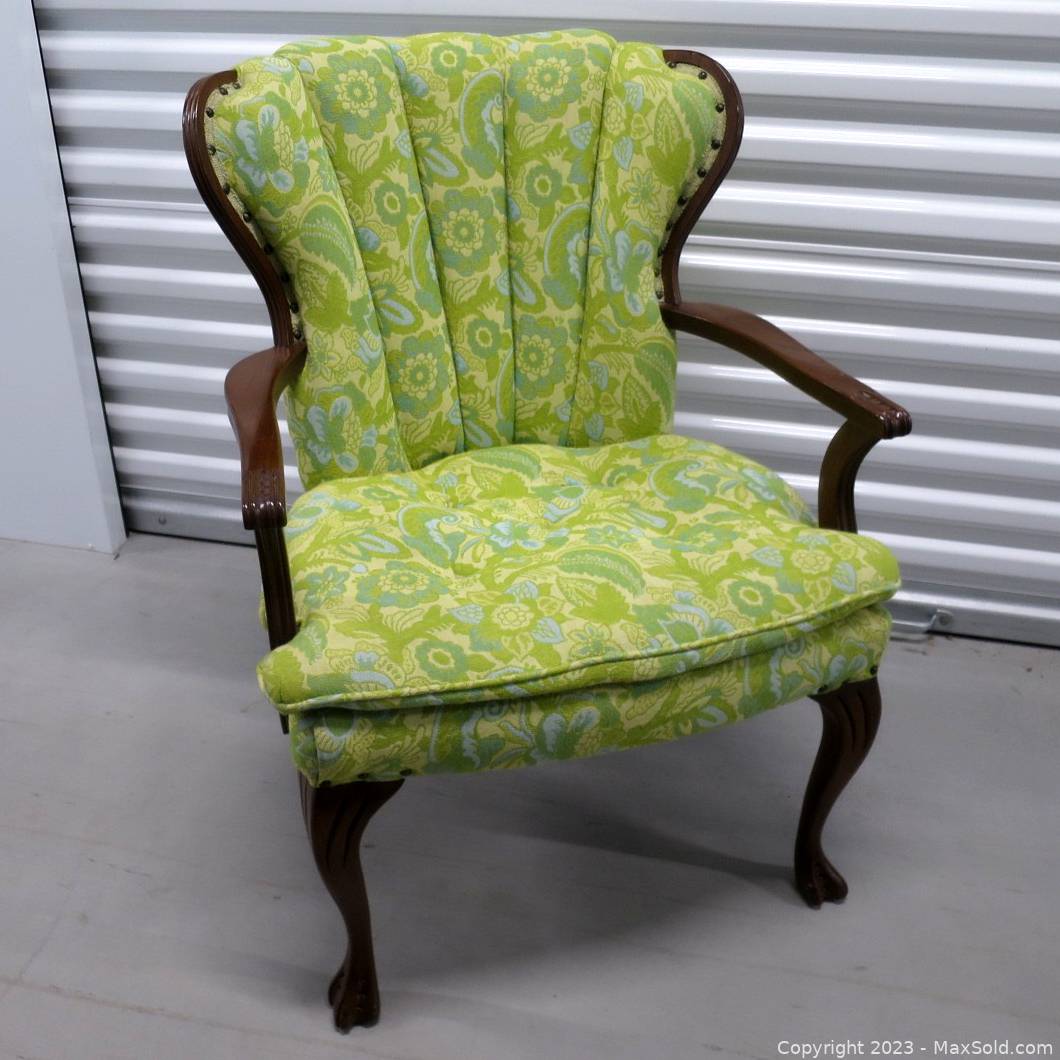 Vintage MCM Channel Back Armchair Light Green Paisley Design MaxSold