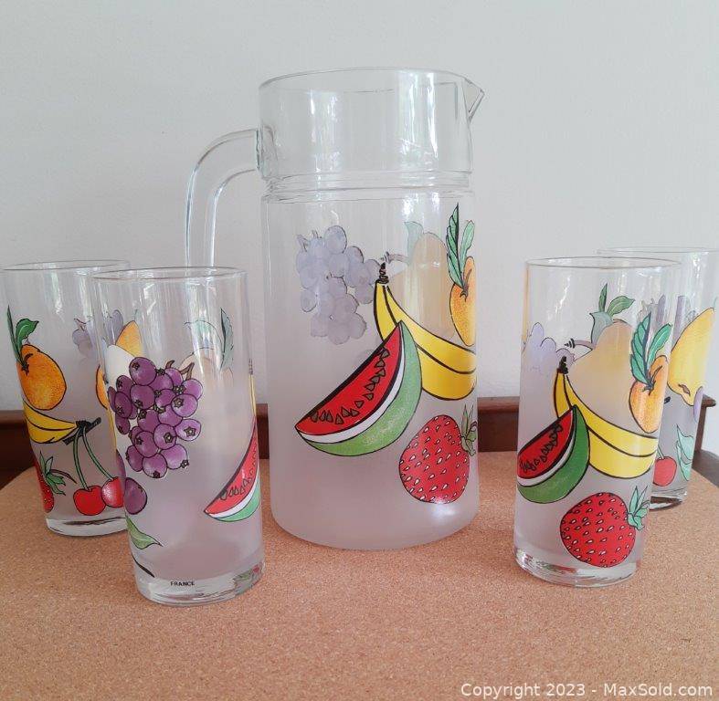 French Vintage Fruit Pattern Glass Pitcher and Juice Glasses. 