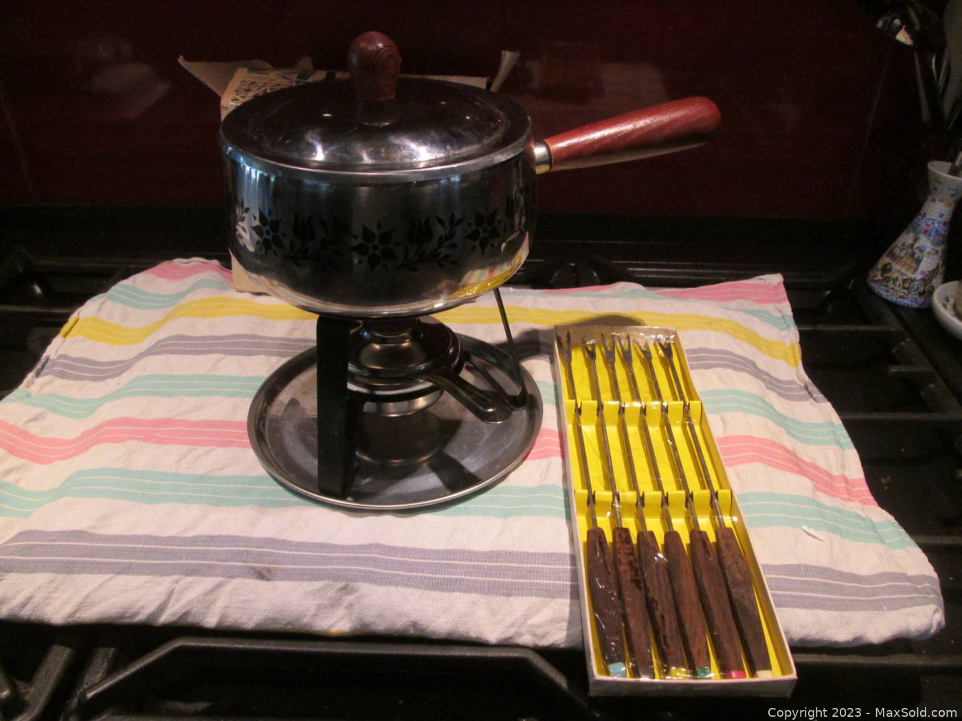 Mid Century Fondue, Fondue Pot With Rechaud, Fondue Forks, Copper