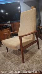 MaxSold Auction: Mid-Century Modern High-Back Teak Lounge Armchair, Beige Fabric - Kingston (Ontario, Canada) SELLER MANAGED Downsizing Online Auction - Canniff Place